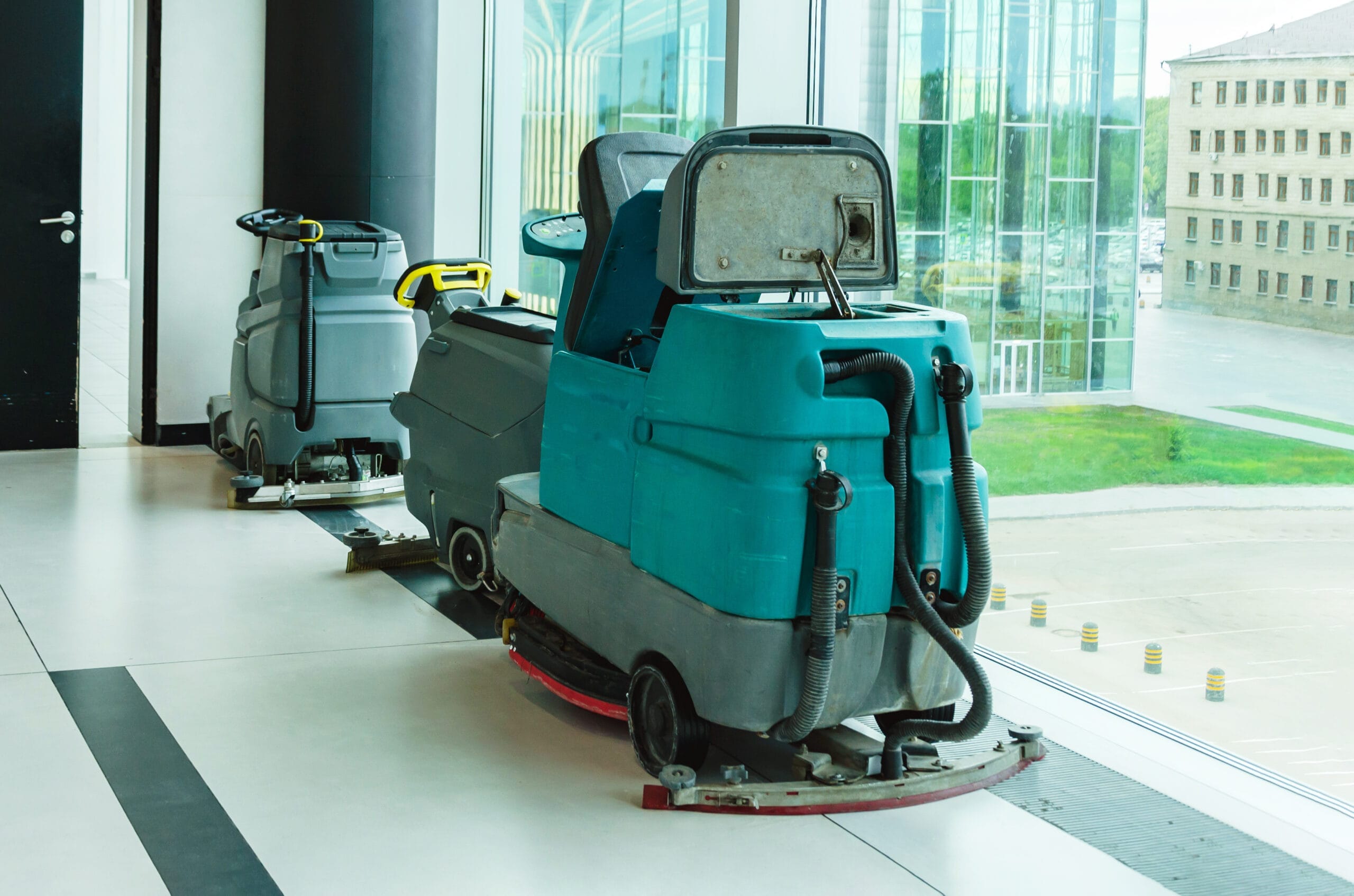 Commercial floor cleaning equipment being serviced